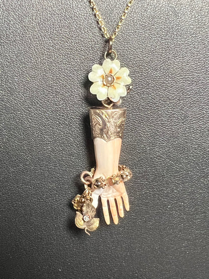 Carved Shell Figa Friend Hand w/ Flower and Bracelet