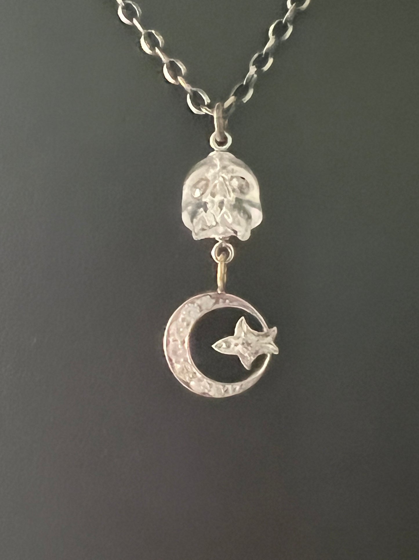 Diamond Eye Quartz Skull w/ Diamond Moon and Stars Pendant Necklace