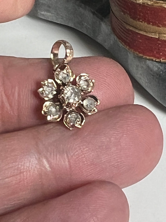 Diamond Victorian Mine Cut Diamond Floral Pendant in Gold